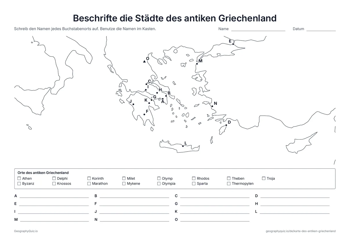 Vorschau des Arbeitsblatts „Beschrifte die Städte des antiken Griechenland“ zum Ausdrucken: Fünfzehn Buchstabenorte, von Athen und Sparta bis Marathon, Troja und zum Olymp