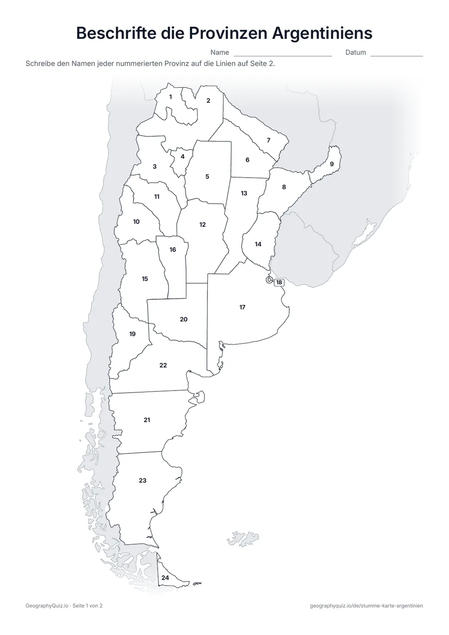 Vorschau des Arbeitsblatts „Beschrifte die Provinzen Argentiniens“ zum Ausdrucken