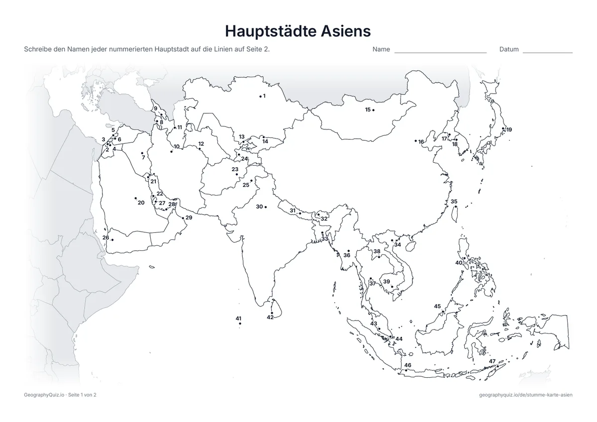 Vorschau des Arbeitsblatts „Hauptstädte Asiens“ zum Ausdrucken