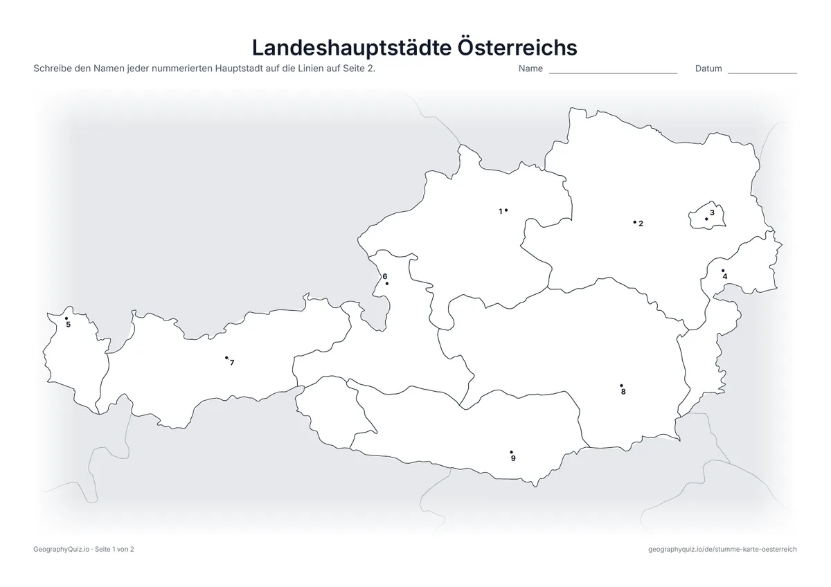 Vorschau des Arbeitsblatts „Landeshauptstädte Österreichs“ zum Ausdrucken