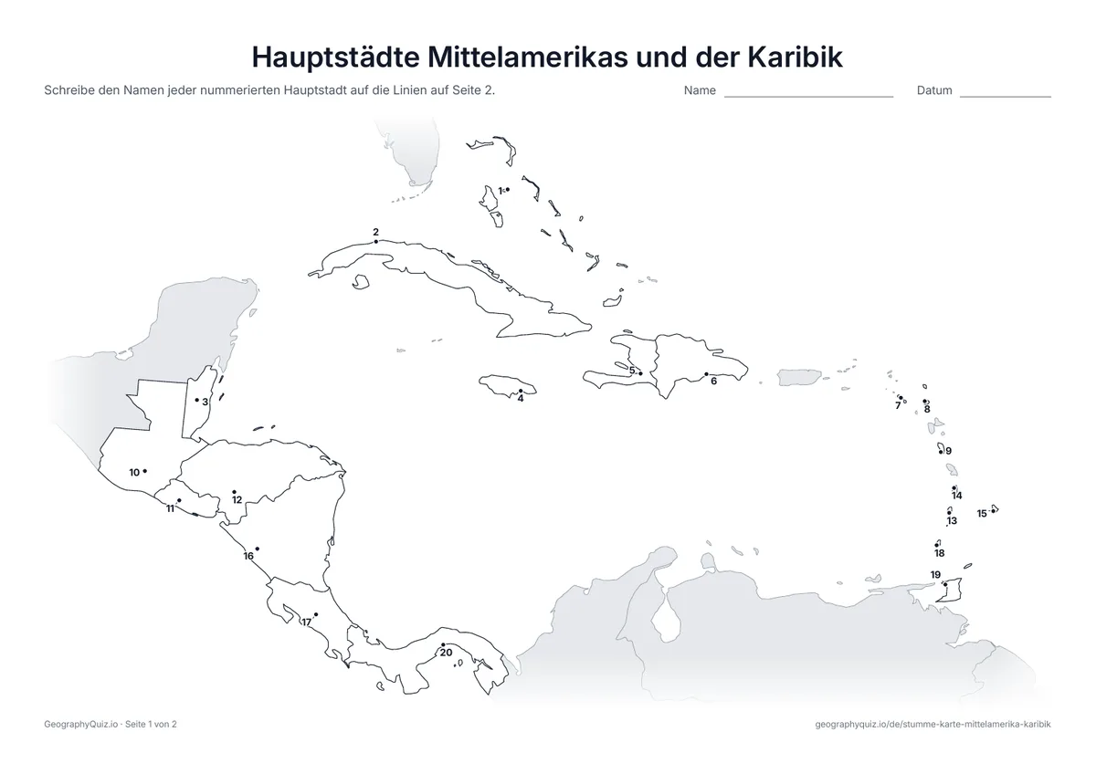 Vorschau des Arbeitsblatts „Hauptstädte Mittelamerikas und der Karibik“ zum Ausdrucken