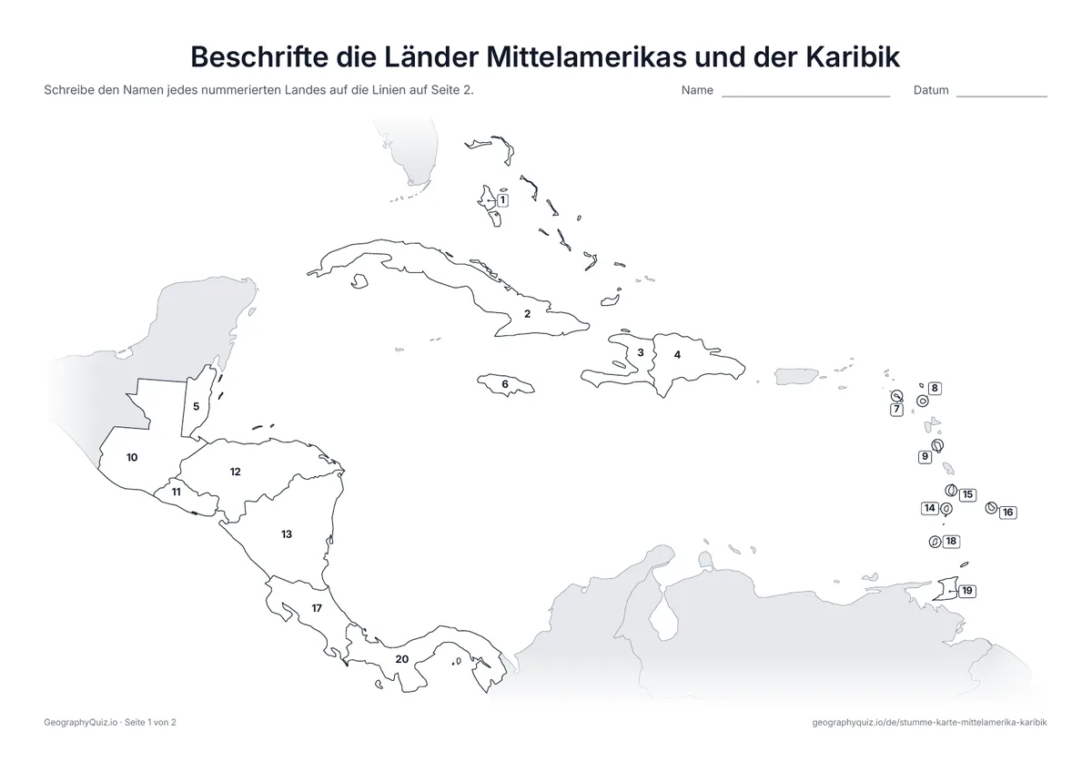 Vorschau des Arbeitsblatts „Beschrifte die Länder Mittelamerikas und der Karibik“ zum Ausdrucken