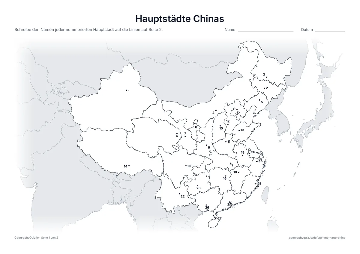 Vorschau des Arbeitsblatts „Hauptstädte Chinas“ zum Ausdrucken