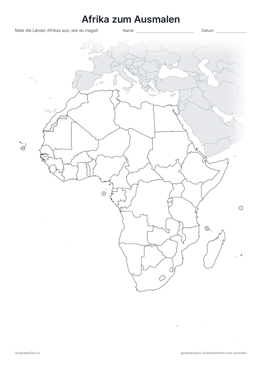 Vorschau des Arbeitsblatts „Afrika zum Ausmalen“ zum Ausdrucken: Eine Karte von Afrika mit allen 54 Ländern, fertig zum Ausmalen