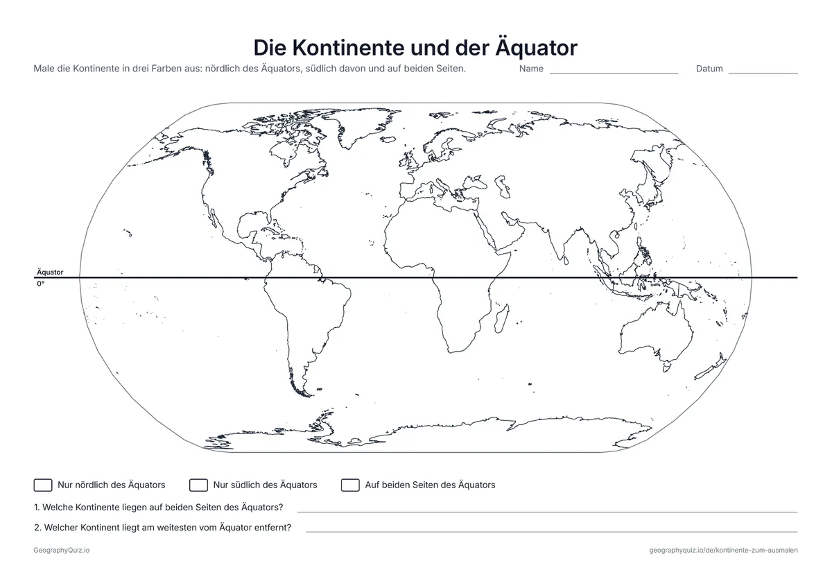 Vorschau des Arbeitsblatts „Die Kontinente und der Äquator“ zum Ausdrucken: Der Äquator ist eingezeichnet