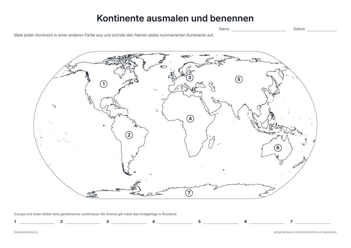 Vorschau des Arbeitsblatts „Kontinente ausmalen und benennen“ zum Ausdrucken: Jeder Kontinent hat eine Nummer