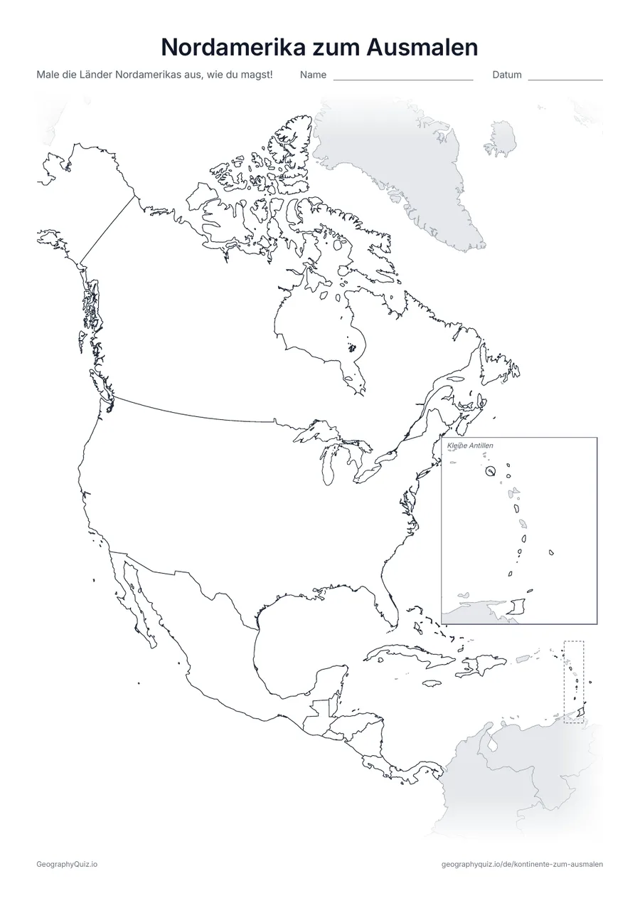 Vorschau des Arbeitsblatts „Nordamerika zum Ausmalen“ zum Ausdrucken: Eine Karte von Nordamerika, von Kanada bis Panama und der Karibik, mit allen Ländern