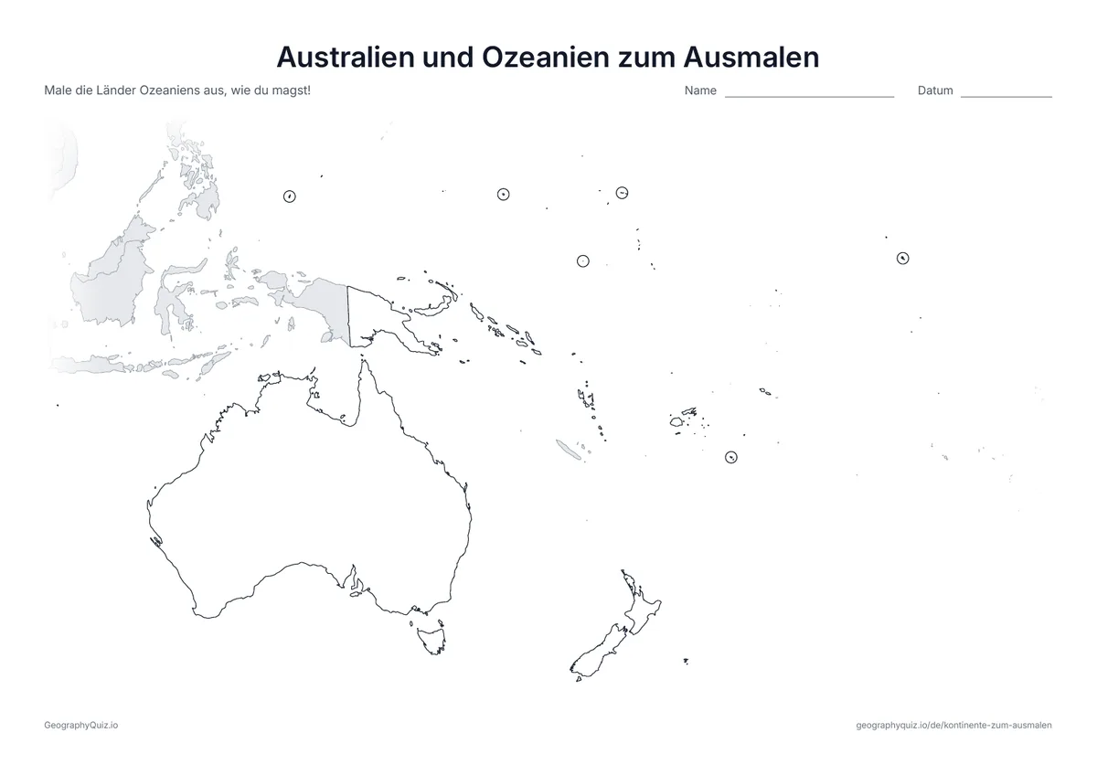 Vorschau des Arbeitsblatts „Australien und Ozeanien zum Ausmalen“ zum Ausdrucken: Eine Karte von Australien, Neuseeland und den Pazifikinseln; die kleinsten Länder sind eingekreist