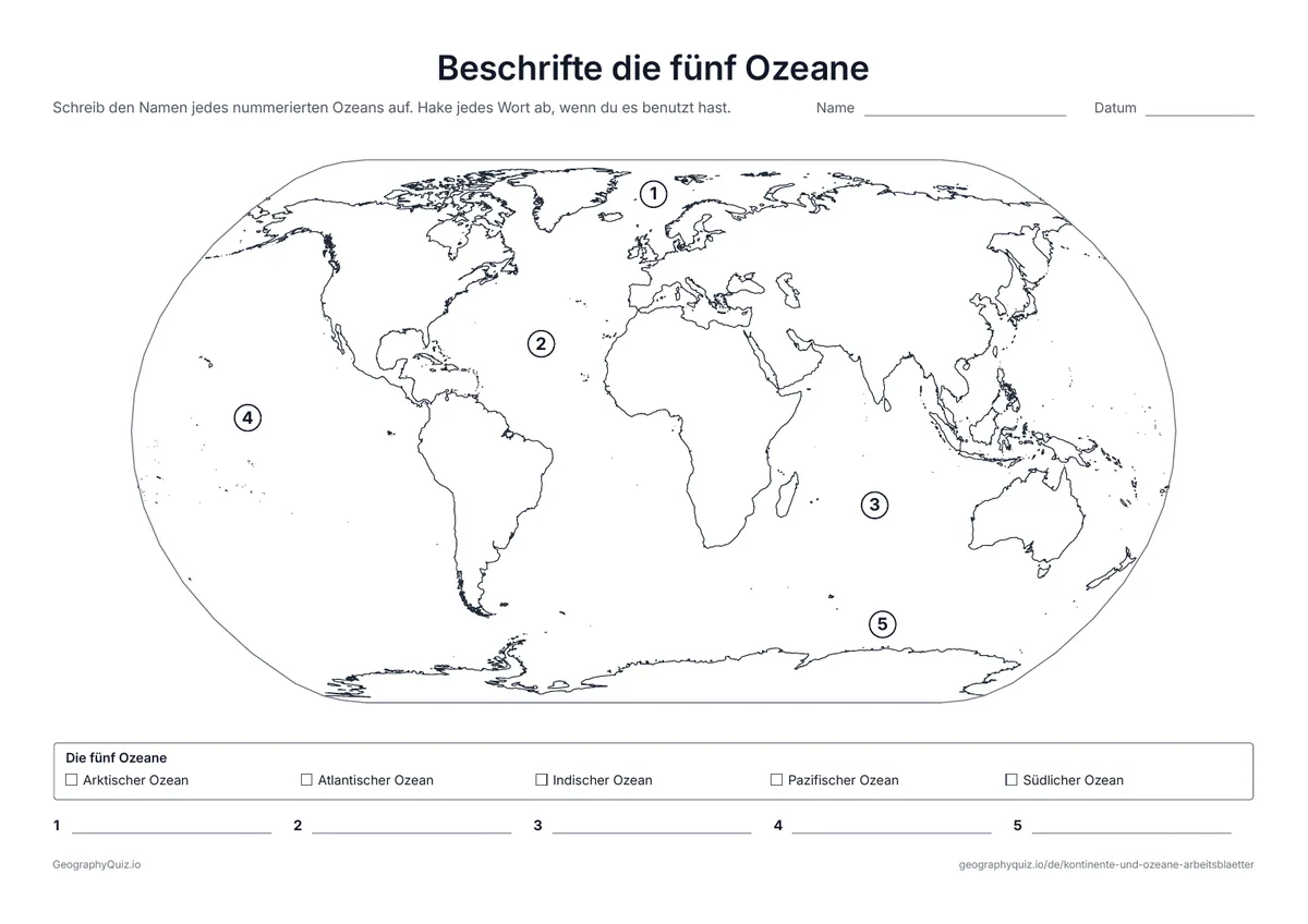Vorschau des Arbeitsblatts „Beschrifte die fünf Ozeane“ zum Ausdrucken: Die fünf Ozeane nummeriert auf einer Weltkarte, mit Wortliste und einer Schreibzeile für jeden