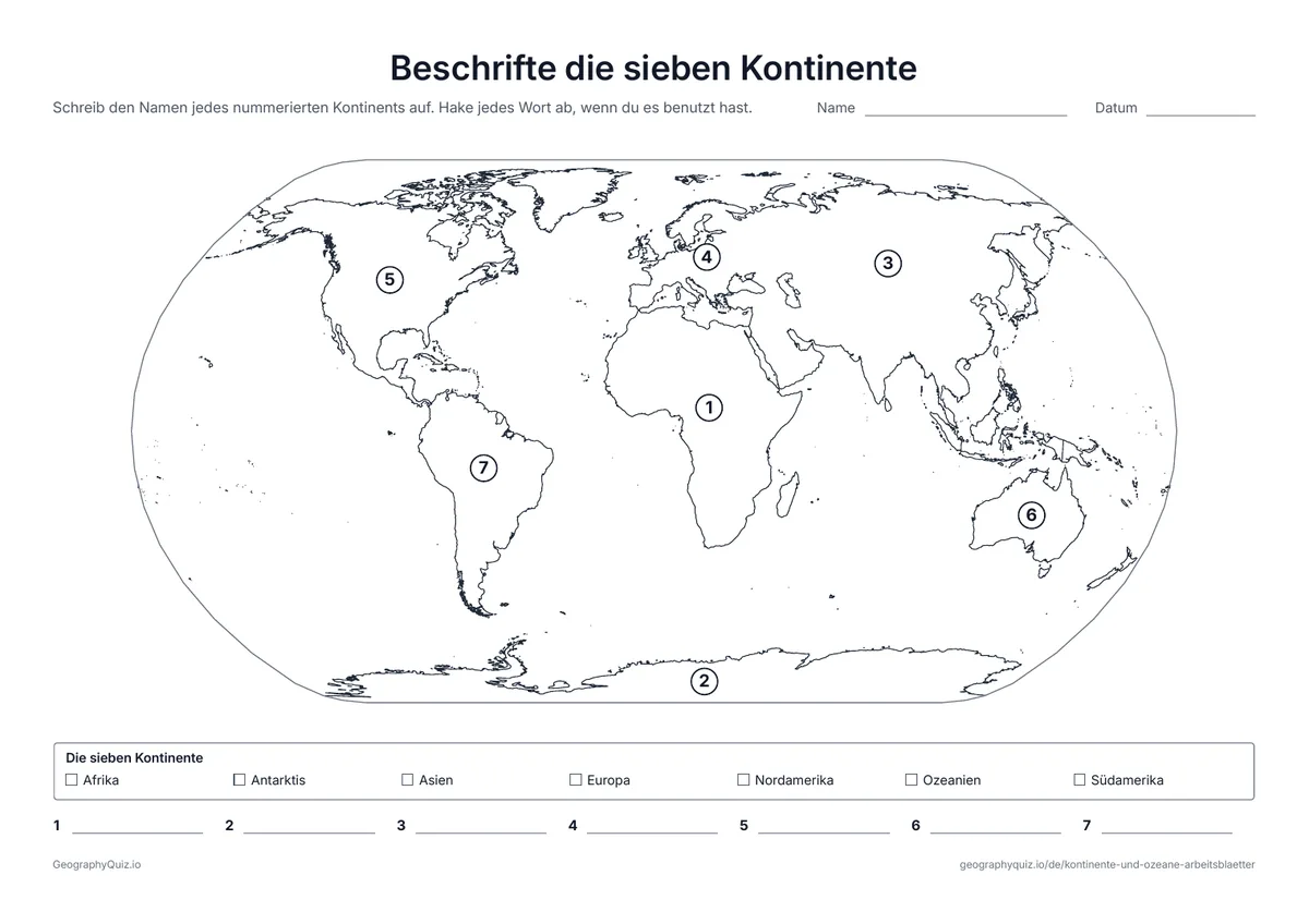 Vorschau des Arbeitsblatts „Beschrifte die sieben Kontinente“ zum Ausdrucken: Die sieben Kontinente nummeriert auf einer Weltkarte, mit Wortliste und einer Schreibzeile für jeden