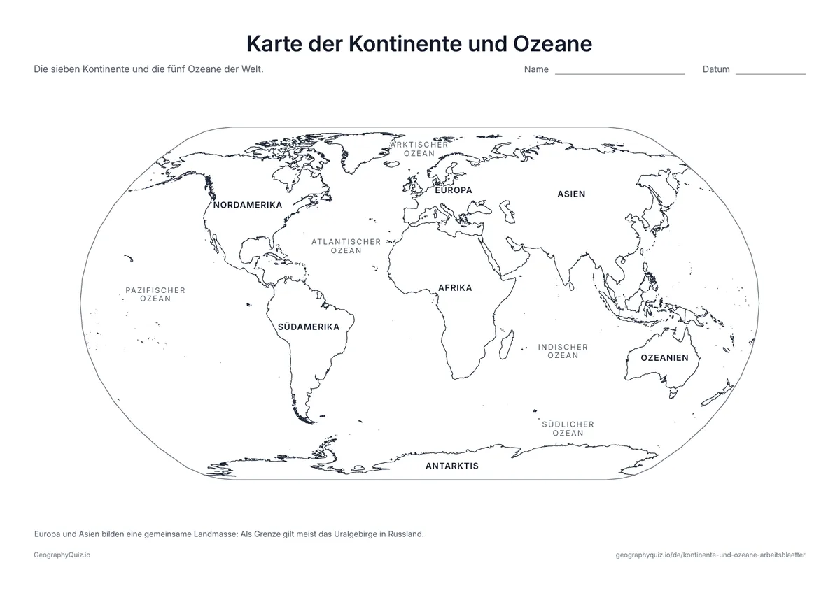 Vorschau des Arbeitsblatts „Karte der Kontinente und Ozeane“ zum Ausdrucken: Eine Weltkarte mit allen sieben Kontinenten und fünf Ozeanen beschriftet – eine Vorlage zum Unterrichten und Kontrollieren