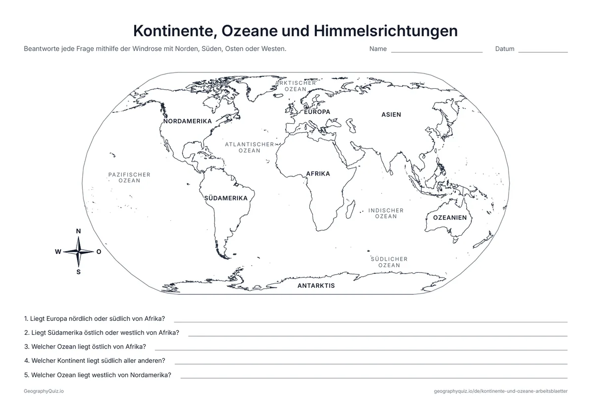 Vorschau des Arbeitsblatts „Kontinente, Ozeane und Himmelsrichtungen“ zum Ausdrucken: Eine beschriftete Weltkarte mit Windrose