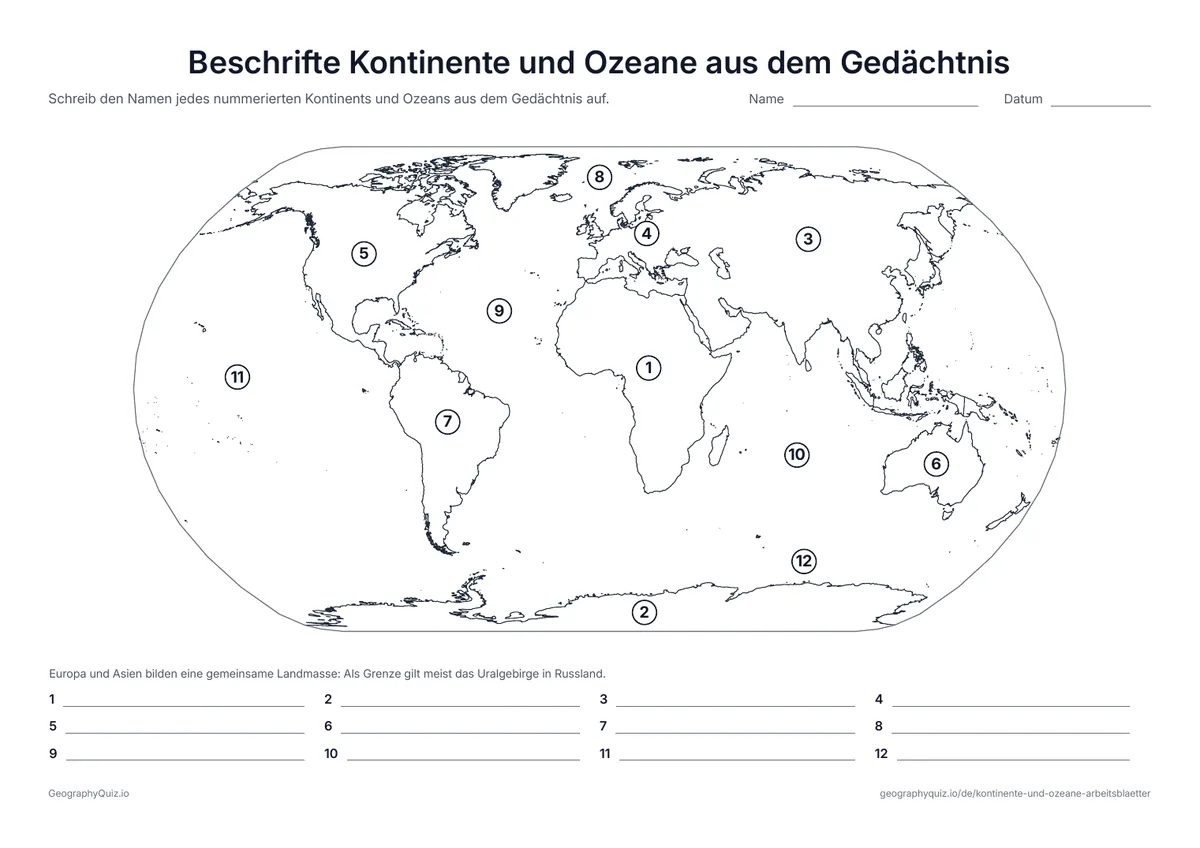 Vorschau des Arbeitsblatts „Beschrifte Kontinente und Ozeane aus dem Gedächtnis“ zum Ausdrucken: Dieselben zwölf Nummern ohne Wortliste – eine schnelle Kontrolle, was hängen geblieben ist