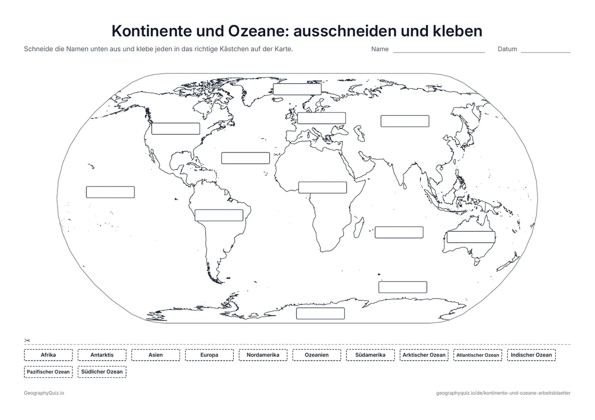 Vorschau des Arbeitsblatts „Kontinente und Ozeane: ausschneiden und kleben“ zum Ausdrucken: Zwölf leere Kästchen auf der Karte und zwölf Namen zum Ausschneiden und Aufkleben – ein Blatt zum Basteln für die Jüngsten