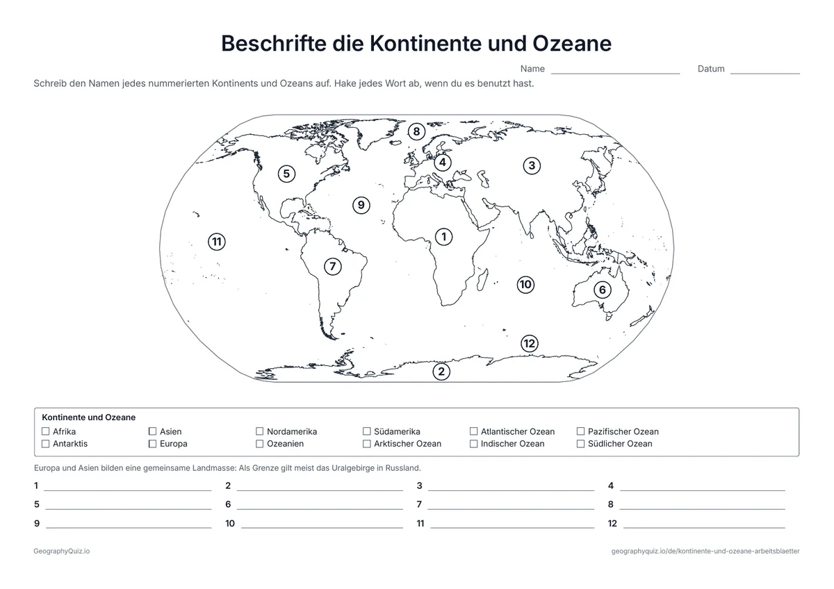 Vorschau des Arbeitsblatts „Beschrifte die Kontinente und Ozeane“ zum Ausdrucken: Zwölf Nummern auf einer Weltkarte