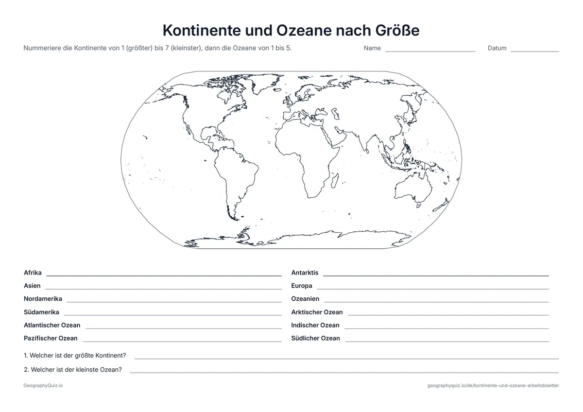 Vorschau des Arbeitsblatts „Kontinente und Ozeane nach Größe“ zum Ausdrucken: Die Kontinente werden vom größten zum kleinsten nummeriert, dann die Ozeane; dazu zwei Fragen