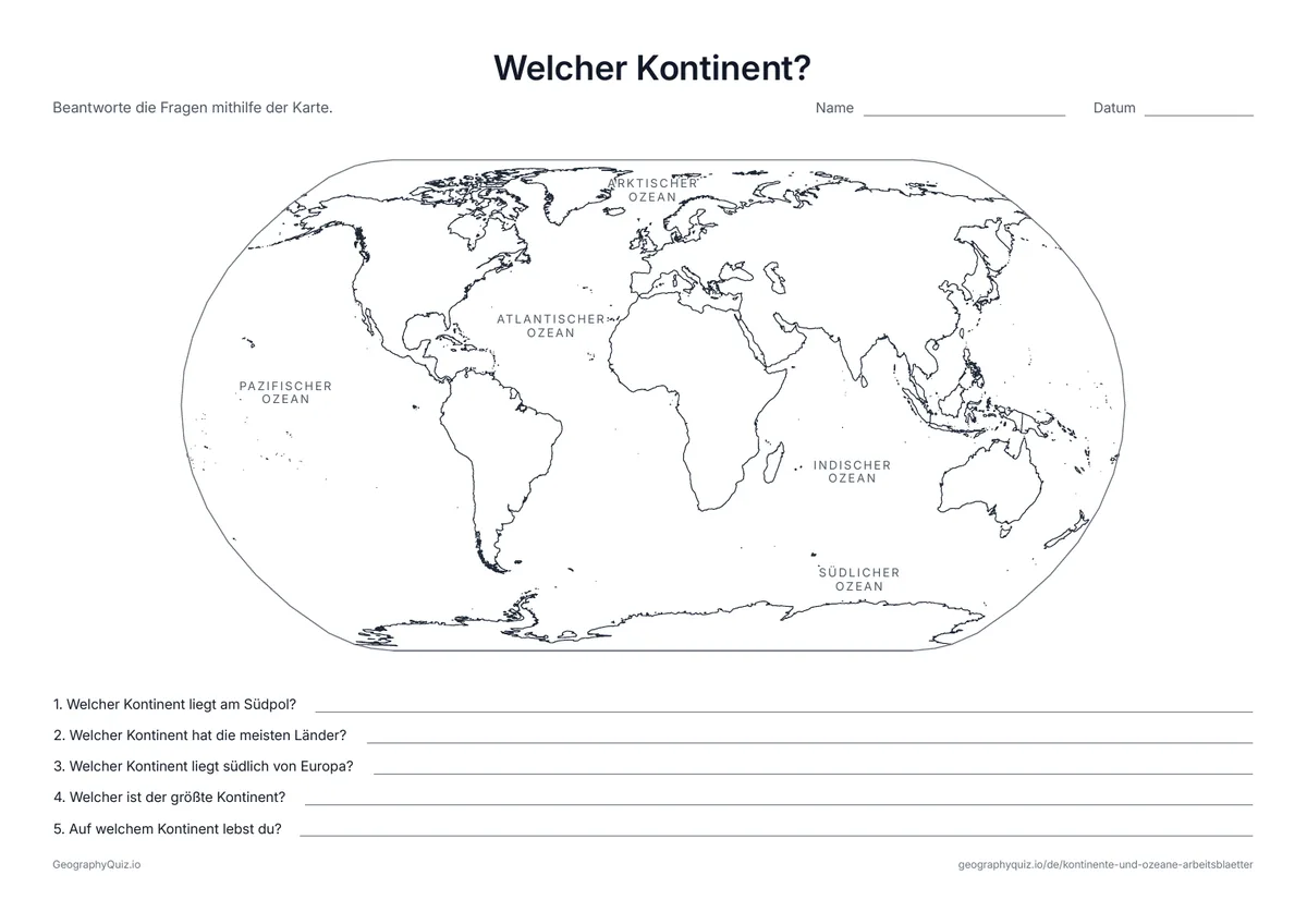 Vorschau des Arbeitsblatts „Welcher Kontinent?“ zum Ausdrucken: Die Ozeane sind auf der Karte benannt