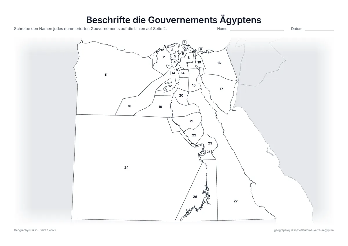 Vorschau des Arbeitsblatts „Beschrifte die Gouvernements Ägyptens“ zum Ausdrucken