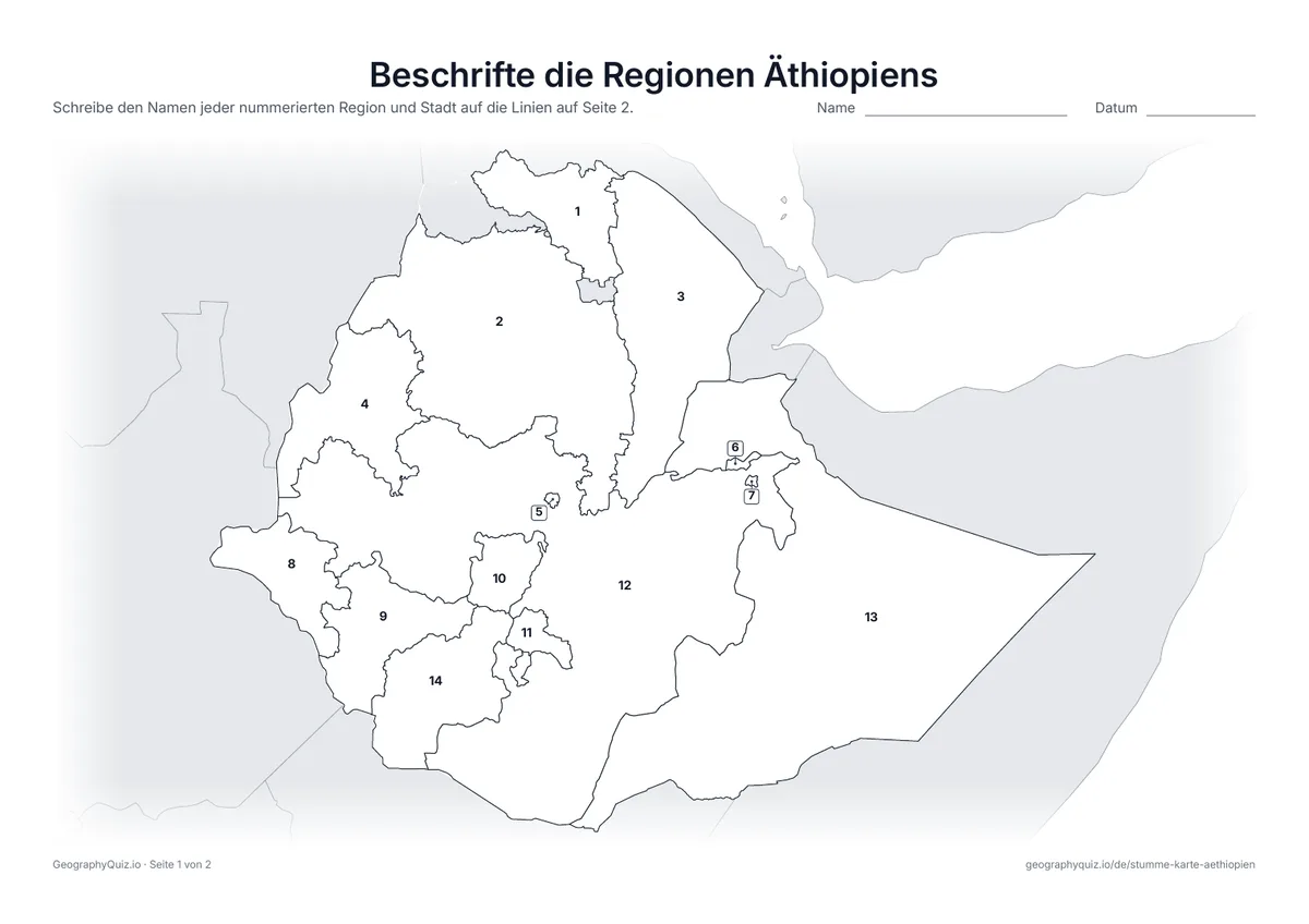 Vorschau des Arbeitsblatts „Beschrifte die Regionen Äthiopiens“ zum Ausdrucken