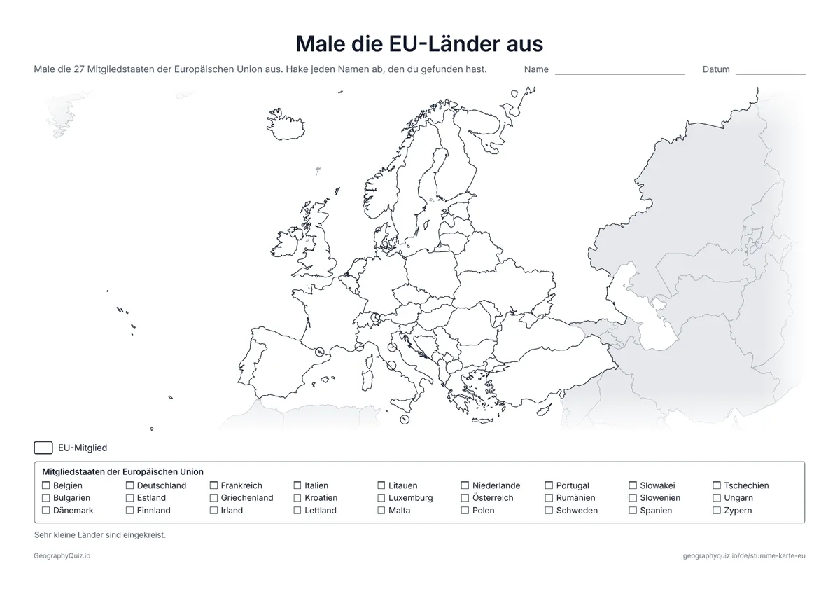 Vorschau des Arbeitsblatts „Male die EU-Länder aus“ zum Ausdrucken