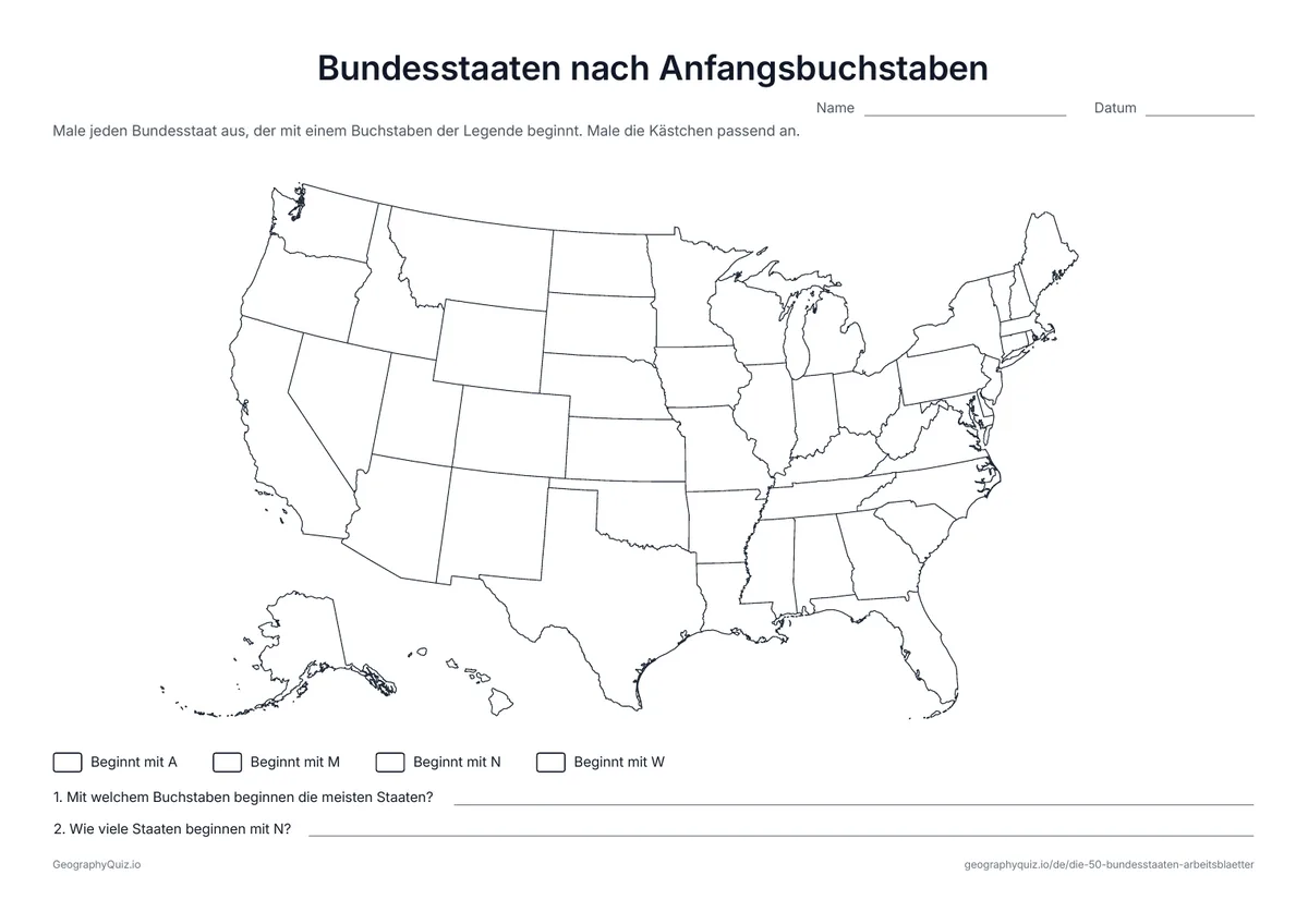 Vorschau des Arbeitsblatts „Bundesstaaten nach Anfangsbuchstaben“ zum Ausdrucken: Alle Staaten, die mit A, M, N oder W beginnen, werden nach der Legende ausgemalt und gezählt