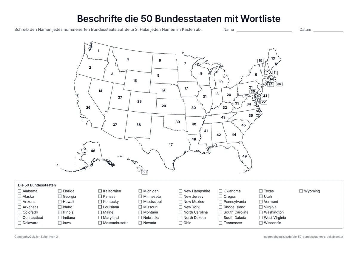 Vorschau des Arbeitsblatts „Beschrifte die 50 Bundesstaaten mit Wortliste“ zum Ausdrucken: Jeder Staat ist nummeriert