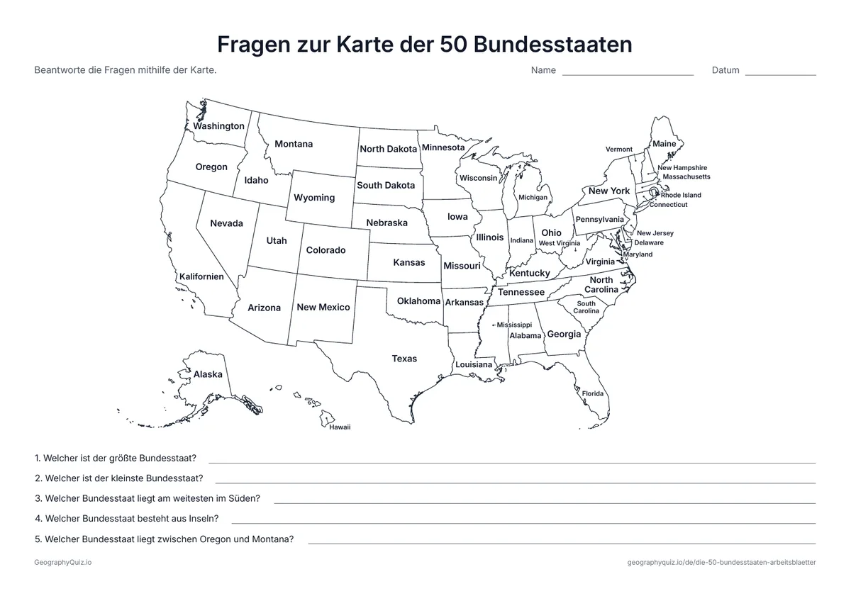 Vorschau des Arbeitsblatts „Fragen zur Karte der 50 Bundesstaaten“ zum Ausdrucken: Eine beschriftete Karte und fünf Fragen zu den größten, kleinsten und entferntesten Staaten
