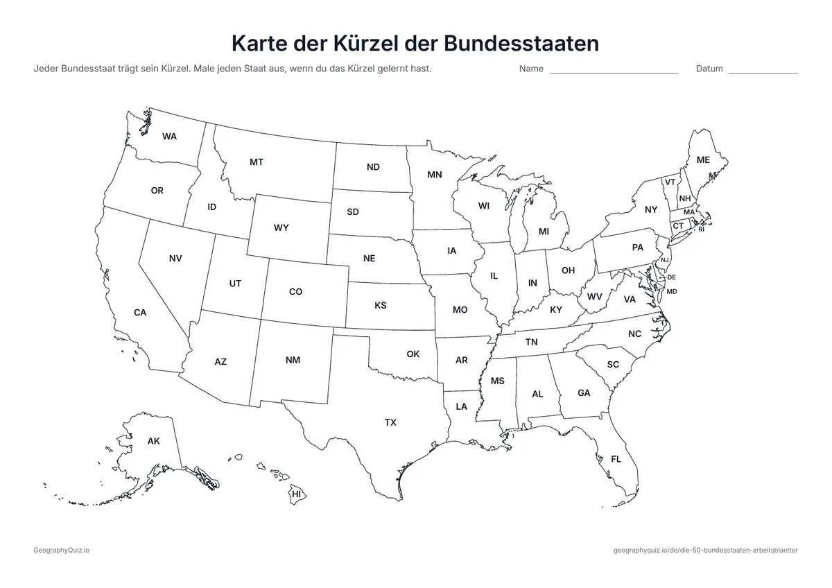 Vorschau des Arbeitsblatts „Karte der Kürzel der Bundesstaaten“ zum Ausdrucken: Jeder Bundesstaat mit seinem Kürzel aus zwei Buchstaben, von AL bis WY