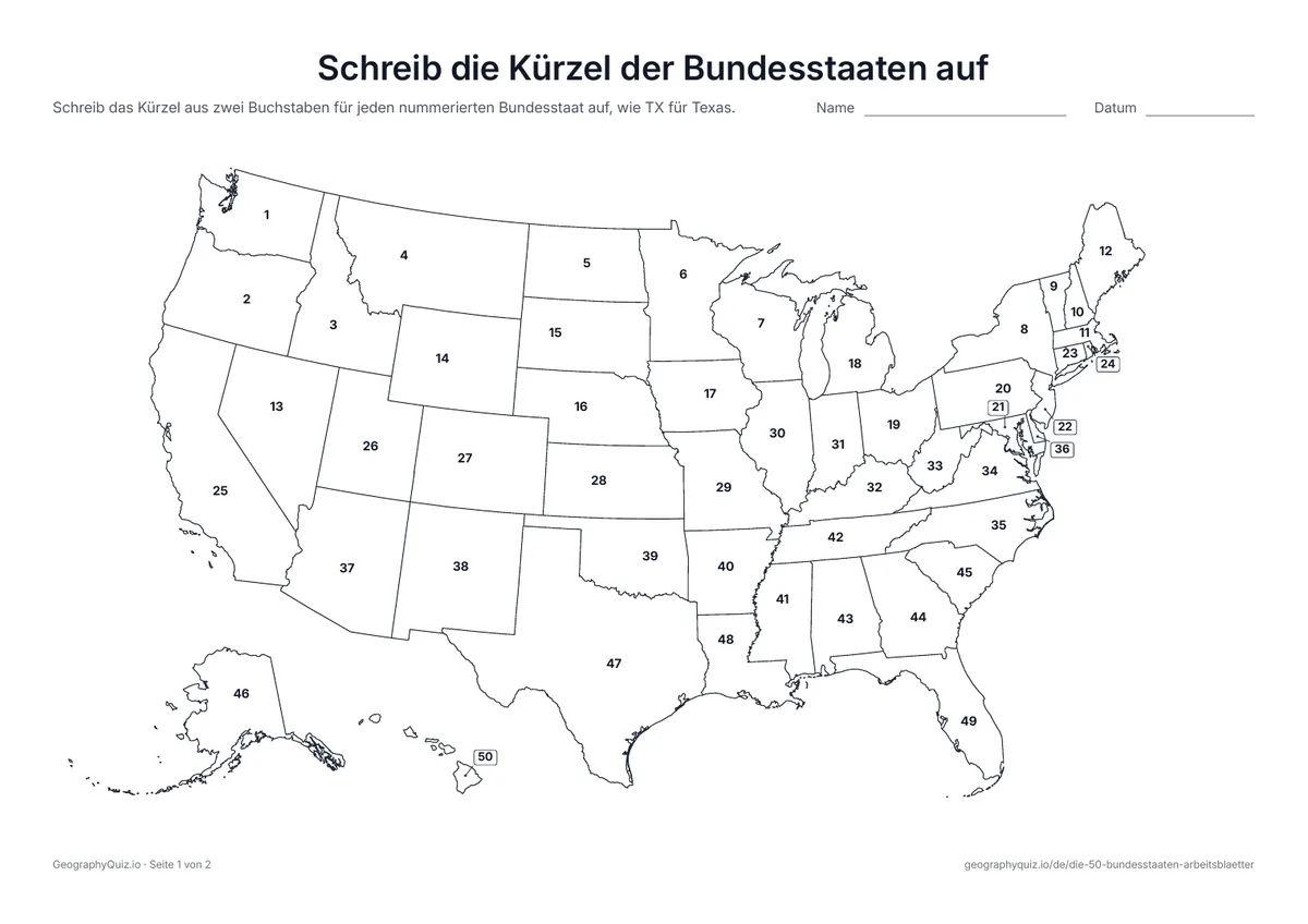 Vorschau des Arbeitsblatts „Schreib die Kürzel der Bundesstaaten auf“ zum Ausdrucken: Die Staaten sind nummeriert