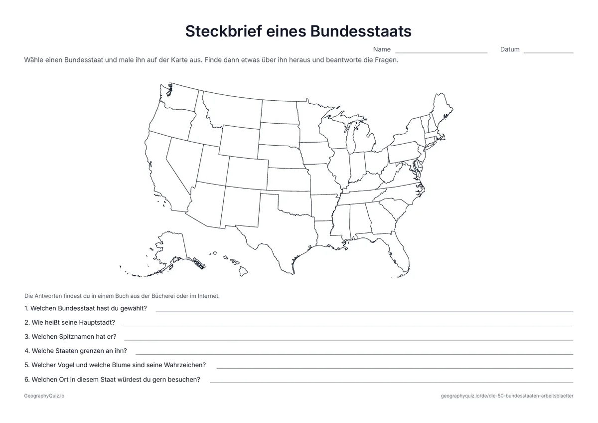 Vorschau des Arbeitsblatts „Steckbrief eines Bundesstaats“ zum Ausdrucken: Einen Bundesstaat wählen, auf der Karte ausmalen und Hauptstadt, Spitzname, Nachbarn, Staatsvogel und Staatsblume aufschreiben