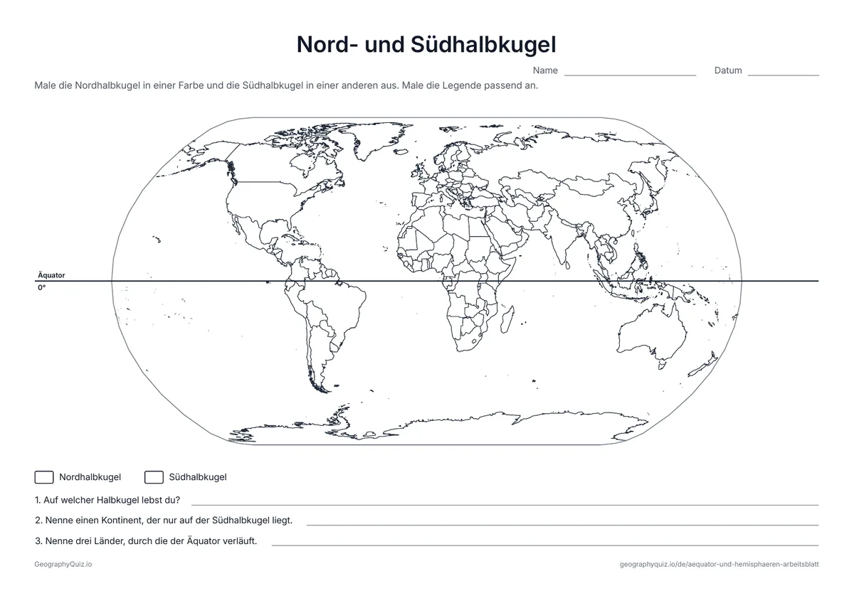 Vorschau des Arbeitsblatts „Nord- und Südhalbkugel“ zum Ausdrucken