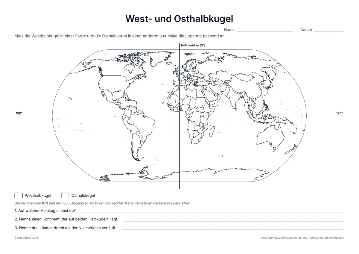 Vorschau des Arbeitsblatts „West- und Osthalbkugel“ zum Ausdrucken