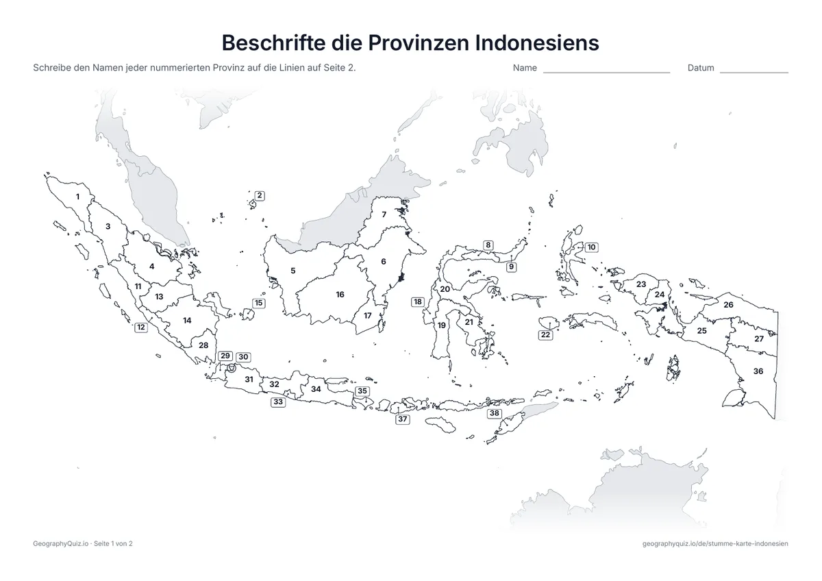 Vorschau des Arbeitsblatts „Beschrifte die Provinzen Indonesiens“ zum Ausdrucken
