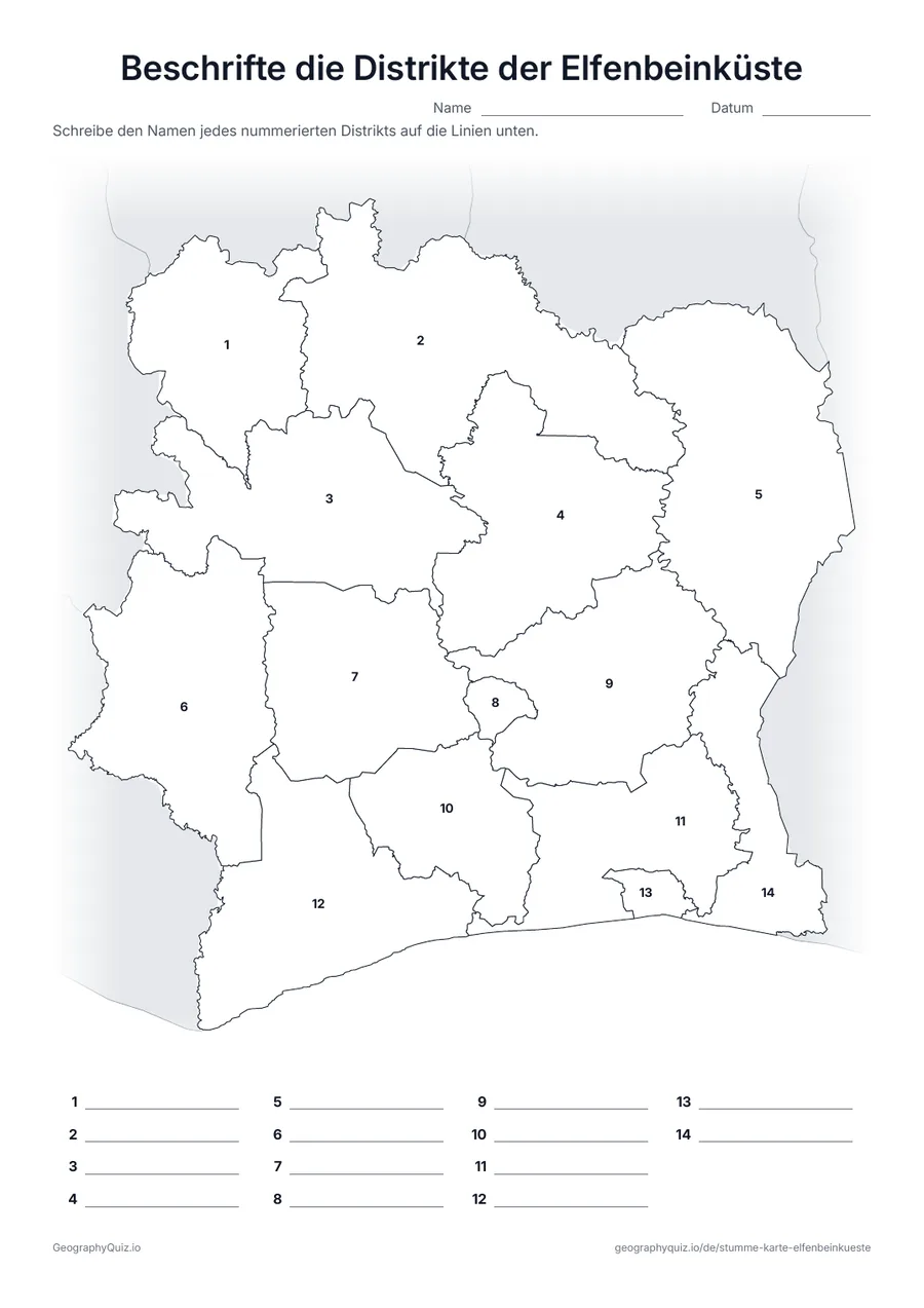 Vorschau des Arbeitsblatts „Beschrifte die Distrikte der Elfenbeinküste“ zum Ausdrucken