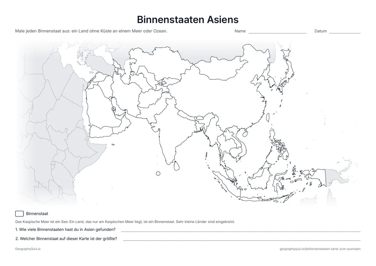 Vorschau des Arbeitsblatts „Binnenstaaten Asiens“ zum Ausdrucken