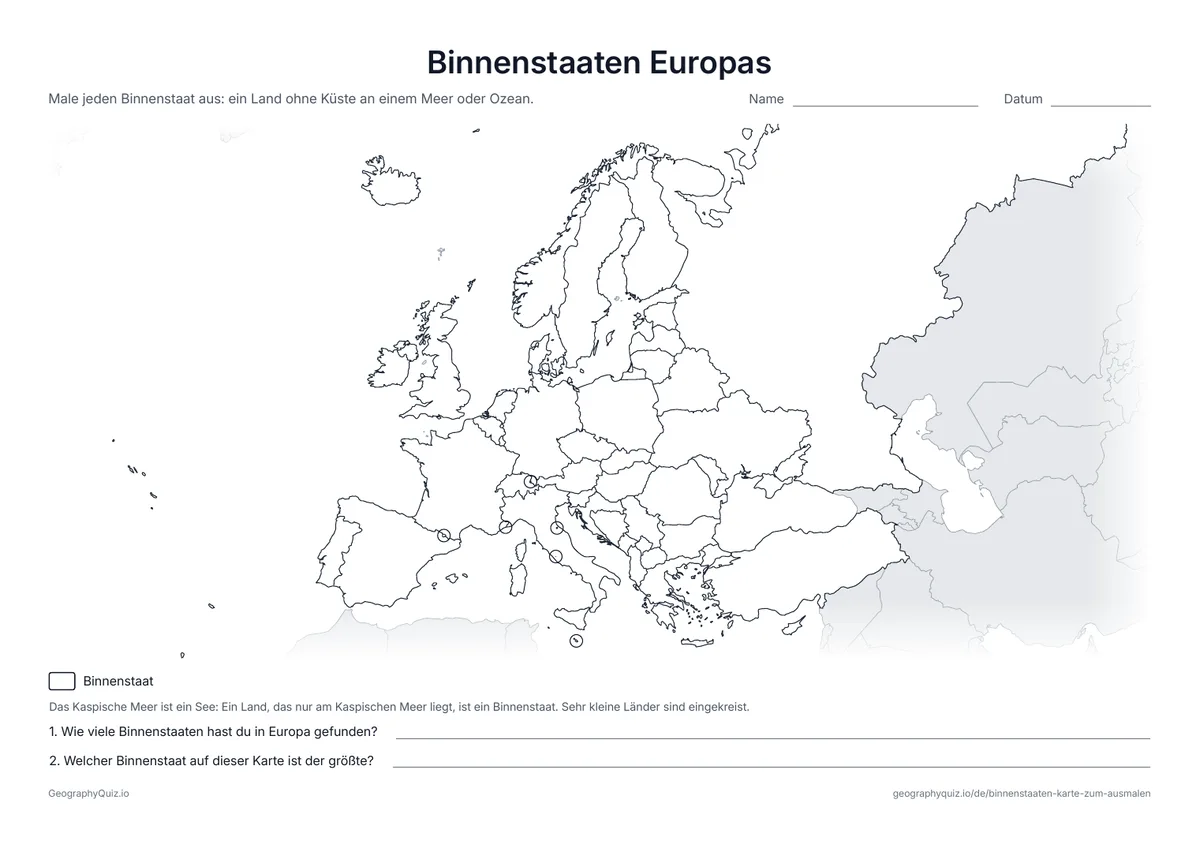Vorschau des Arbeitsblatts „Binnenstaaten Europas“ zum Ausdrucken