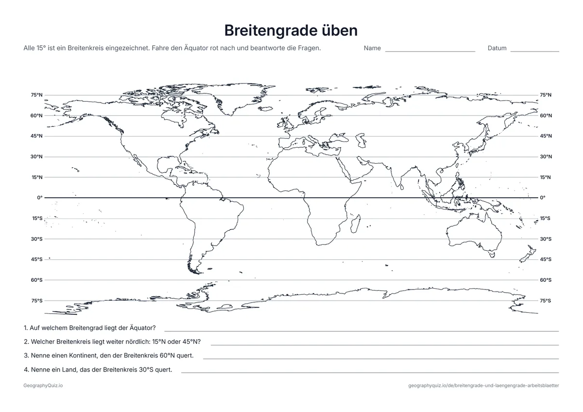 Vorschau des Arbeitsblatts „Breitengrade üben“ zum Ausdrucken: Eine Weltkarte mit einem Breitenkreis alle 15°, an beiden Enden beschriftet, und vier Fragen zum Ablesen