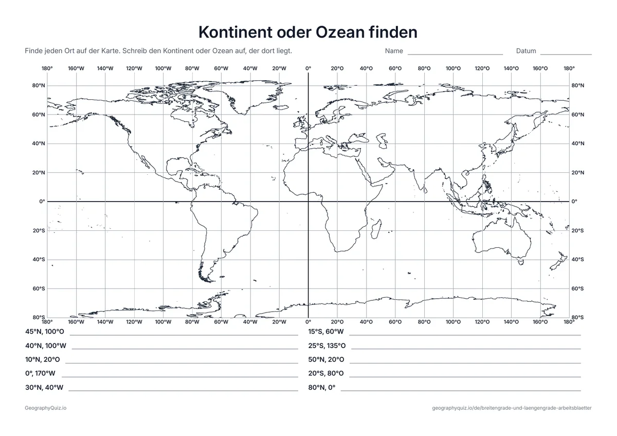 Vorschau des Arbeitsblatts „Kontinent oder Ozean finden“ zum Ausdrucken: Zehn Koordinaten in einem 20°-Gradnetz