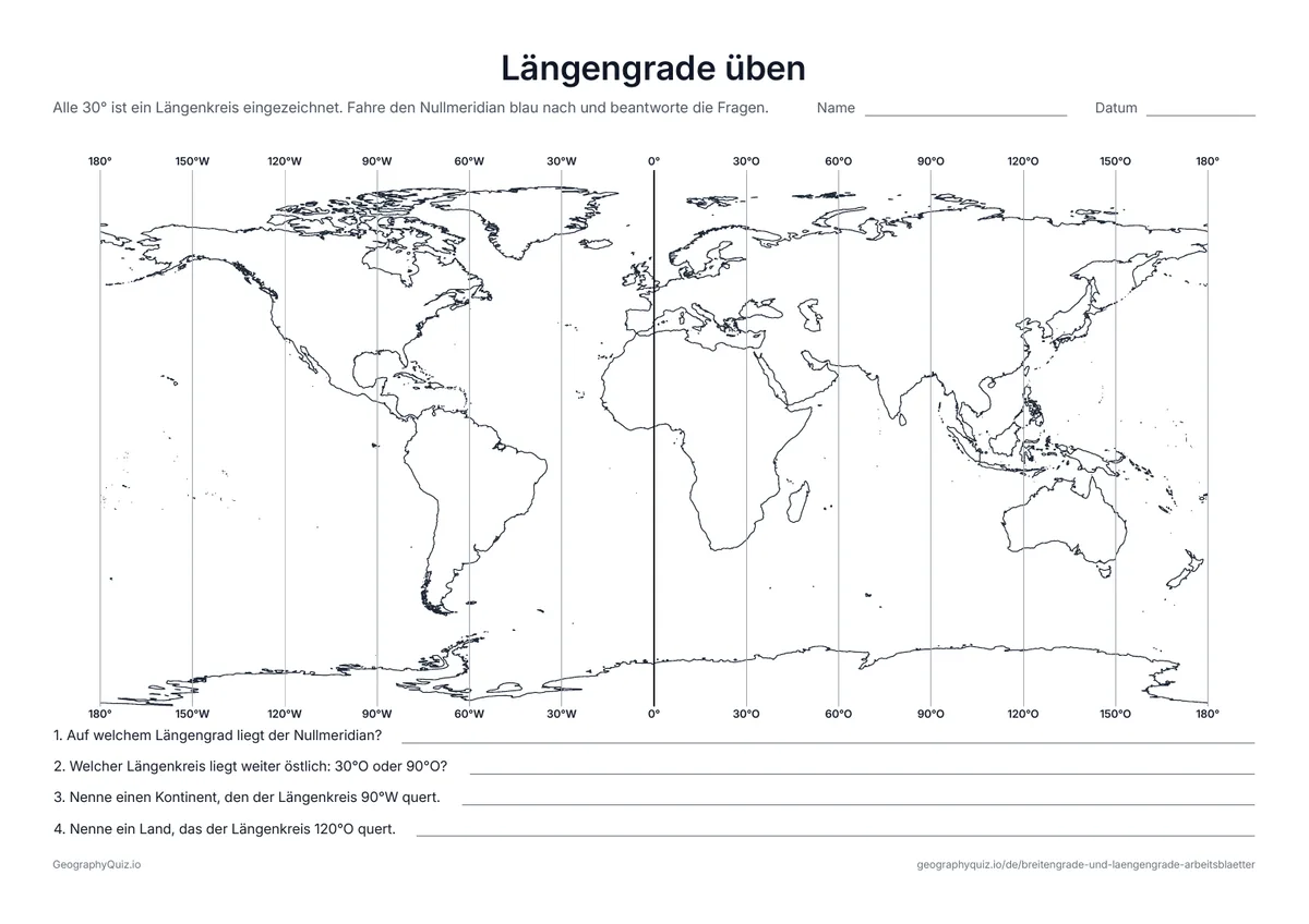 Vorschau des Arbeitsblatts „Längengrade üben“ zum Ausdrucken: Eine Weltkarte mit einem Längenkreis alle 30°, oben und unten beschriftet, und vier Fragen zum Ablesen