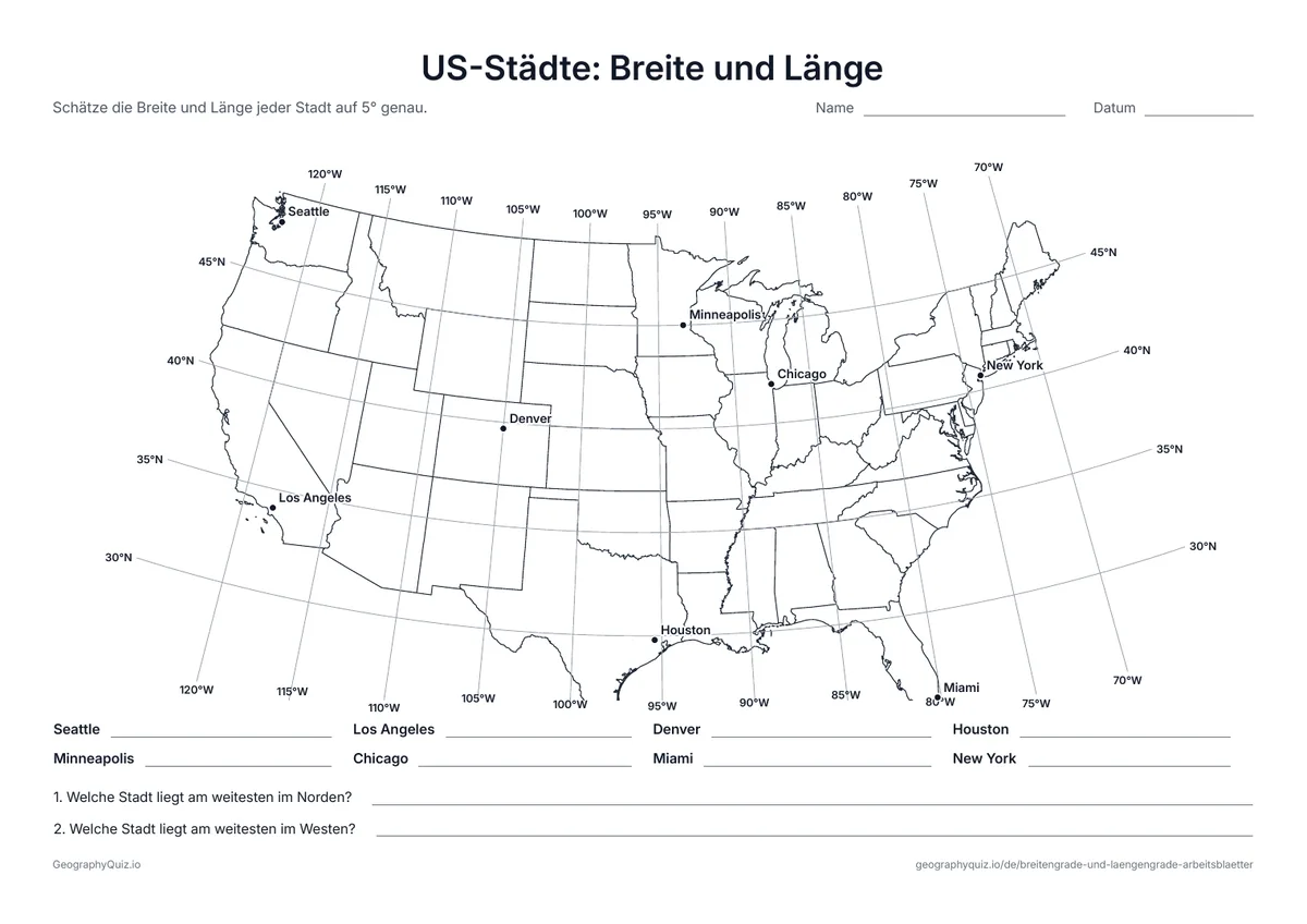 Vorschau des Arbeitsblatts „US-Städte: Breite und Länge“ zum Ausdrucken: Eine Karte der 48 zusammenhängenden Bundesstaaten mit Linien alle 5°