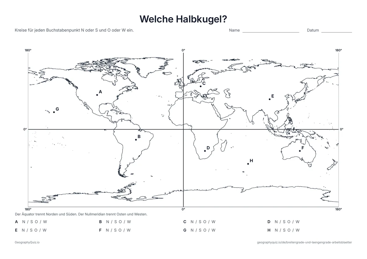 Vorschau des Arbeitsblatts „Welche Halbkugel?“ zum Ausdrucken: Äquator und Nullmeridian teilen die Karte in vier Teile