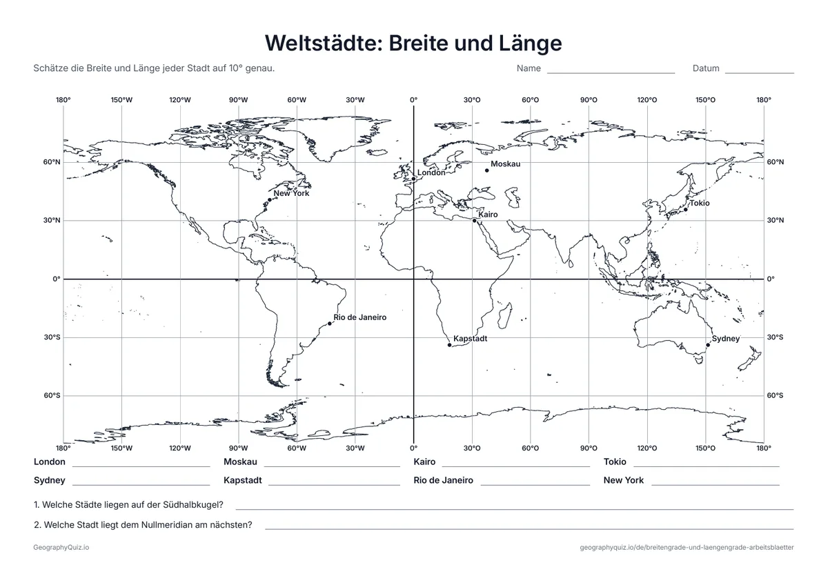 Vorschau des Arbeitsblatts „Weltstädte: Breite und Länge“ zum Ausdrucken: Acht Städte der Welt in einem 30°-Gradnetz