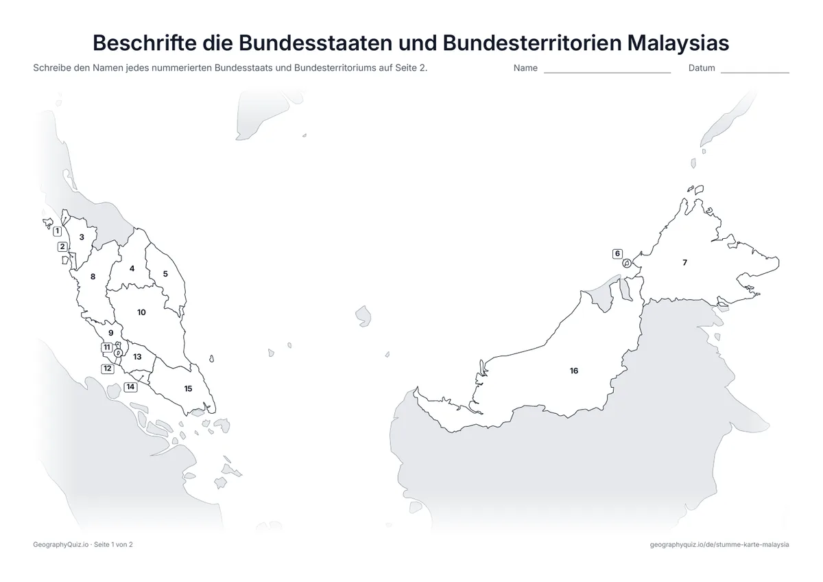 Vorschau des Arbeitsblatts „Beschrifte die Bundesstaaten und Bundesterritorien Malaysias“ zum Ausdrucken