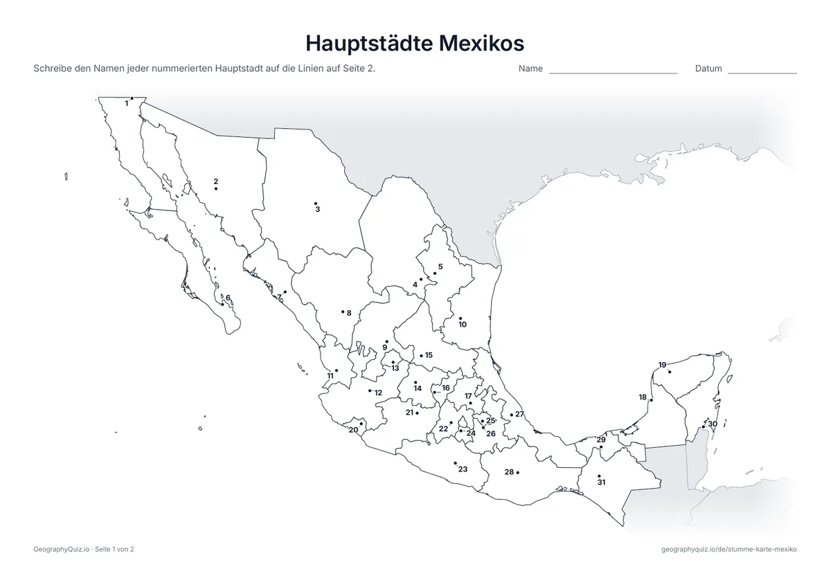 Vorschau des Arbeitsblatts „Hauptstädte Mexikos“ zum Ausdrucken