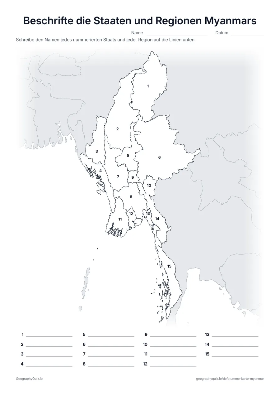 Vorschau des Arbeitsblatts „Beschrifte die Staaten und Regionen Myanmars“ zum Ausdrucken