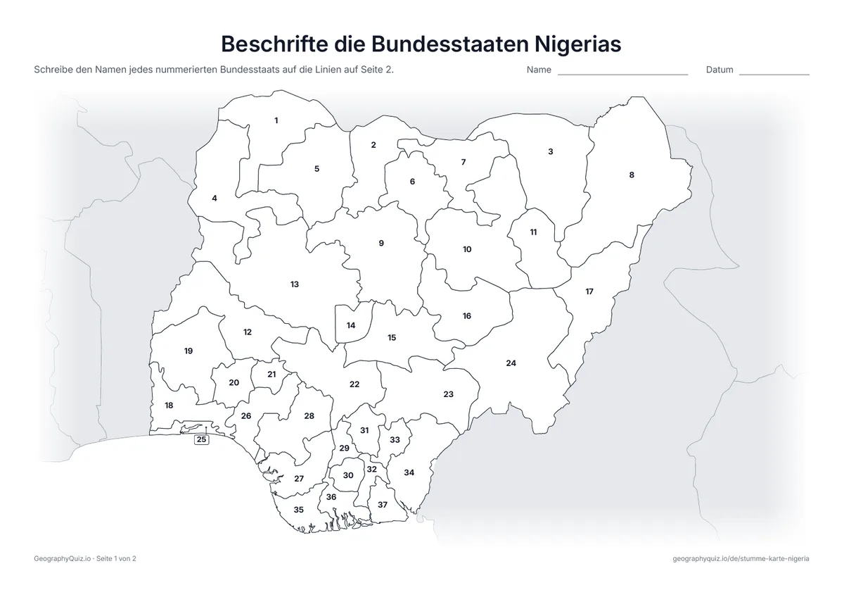 Vorschau des Arbeitsblatts „Beschrifte die Bundesstaaten Nigerias“ zum Ausdrucken