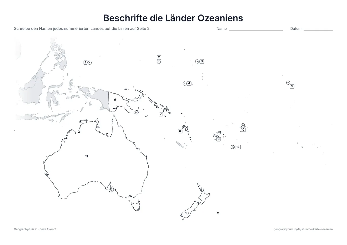 Vorschau des Arbeitsblatts „Beschrifte die Länder Ozeaniens“ zum Ausdrucken