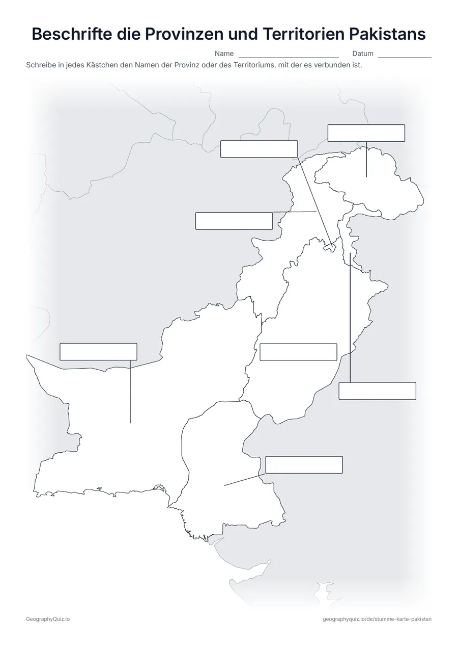 Vorschau des Arbeitsblatts „Beschrifte die Provinzen und Territorien Pakistans“ zum Ausdrucken