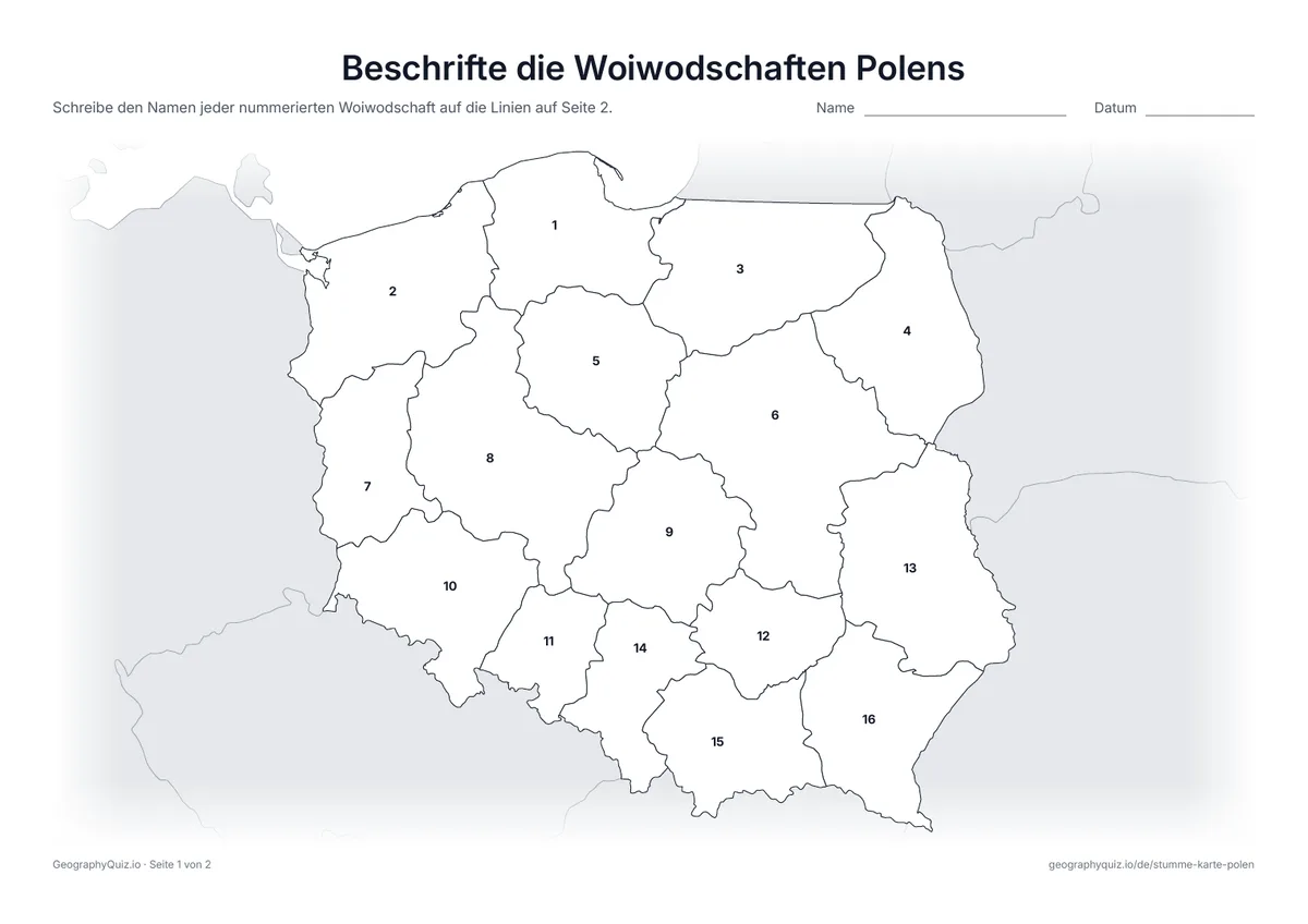 Vorschau des Arbeitsblatts „Beschrifte die Woiwodschaften Polens“ zum Ausdrucken