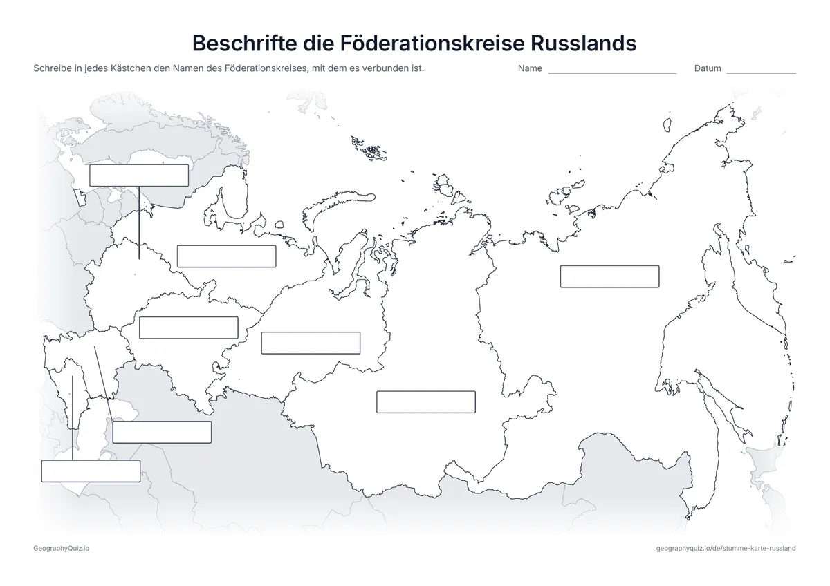 Vorschau des Arbeitsblatts „Beschrifte die Föderationskreise Russlands“ zum Ausdrucken
